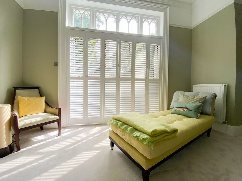 Tall Full Height White Wooden Shutters in Cambridge Bedroom