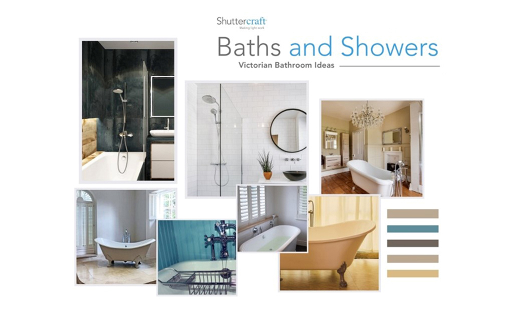 a mood board showing victorian-style baths and showers, including claw foot tubs and valve-operated showers with exposed pipework. 