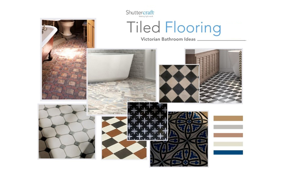 a mood board of Victorian-style tiled flooring, with images of herringbone, checked, and patterned bathroom tiles. 