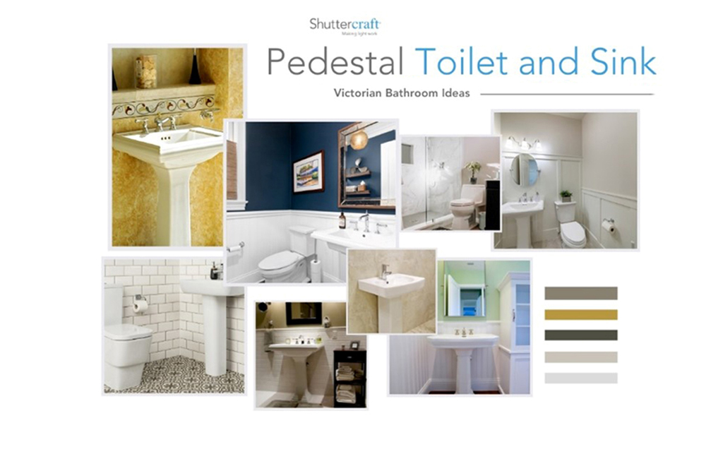 a mood board showing a range of different toilet and sink suites. All images show porcelain, pedestal-style toilets and sinks in Victorian-style bathrooms.