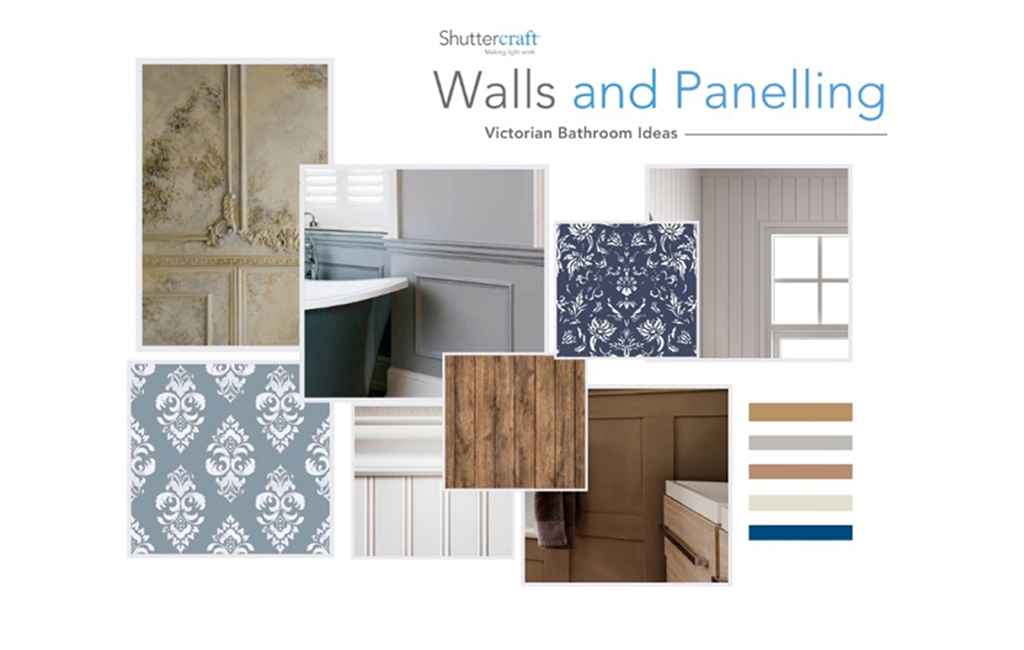 a mood board of Victorian walls and panelling, showing patterned wallpapers, wood panelling and other decorative wall ideas.
