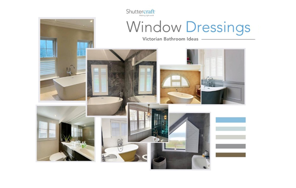 a mood board showing a range of beautifully decorated bathrooms, all featuring bespoke made-to-measure shutters.