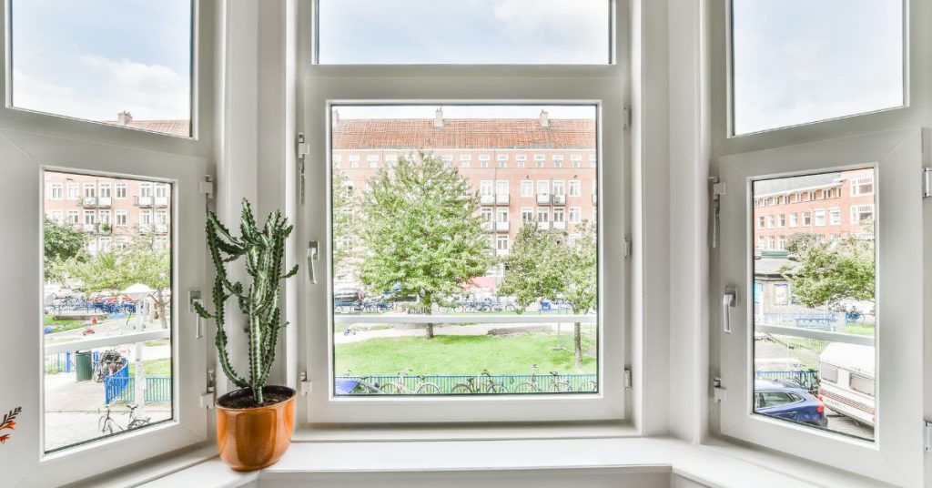 Image showing windows with neighbourhood outside. 